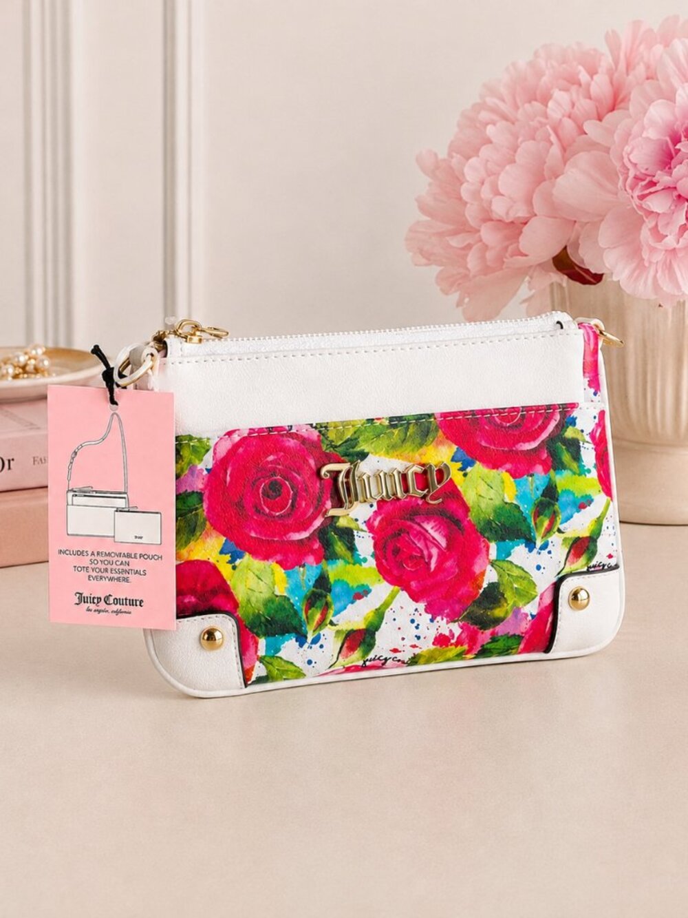 Juicy Couture White Multi Rose Floral Crossbody Bag + Pouch NWT